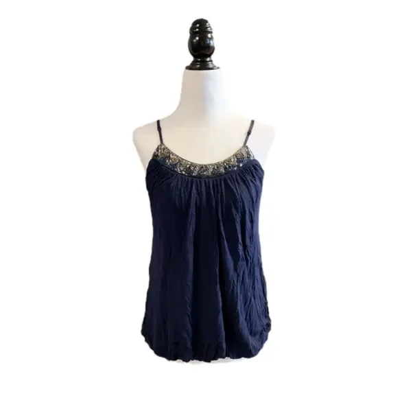 Forever 21 Women's Vintage Navy Tank Top with Neckline Beading Size Small - Picture 2 of 5